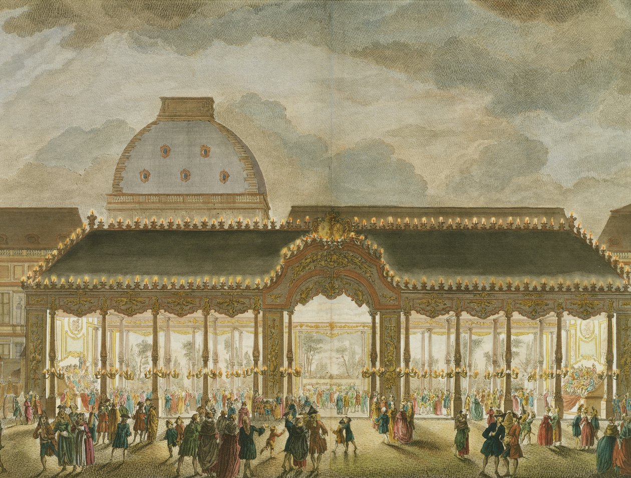 Perspektivvisning av karusellrommet, konstruert i anledning ekteskapet til Monseigneur Le Dauphin (detalj av 174858), gravert av Oubrier (fargegravering) av French School