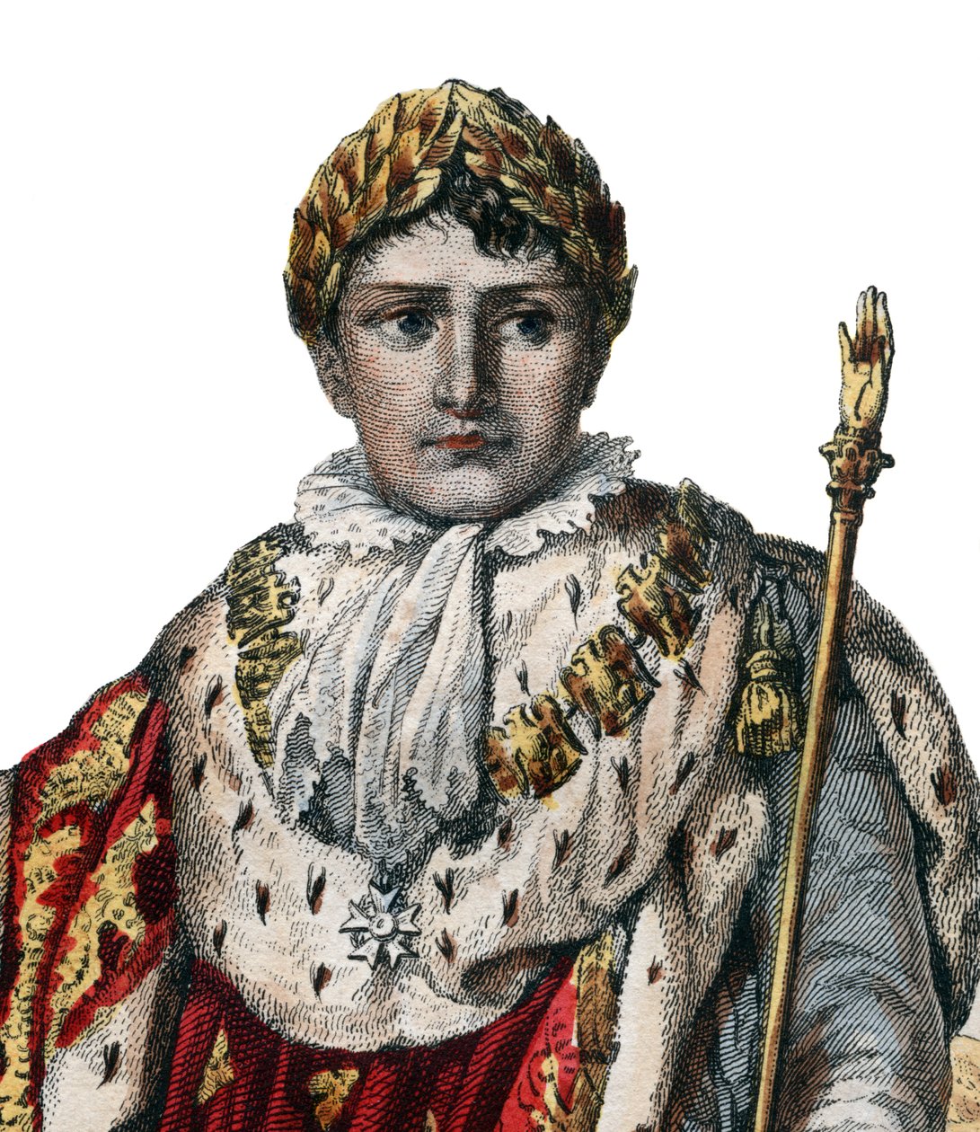 Portrett av Napoleon I (Napoleon Bonaparte) (1769-1821), keiseren av franskmennene, i keiserlige klær. av French School