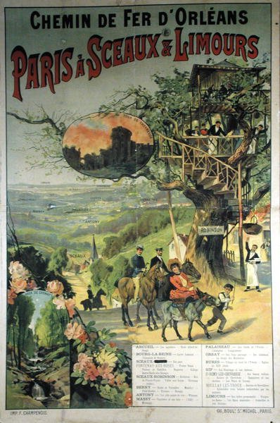 Plakat som reklamerer for Chemin de Fer dOrleans fra Paris til Sceaux og Limours av French School