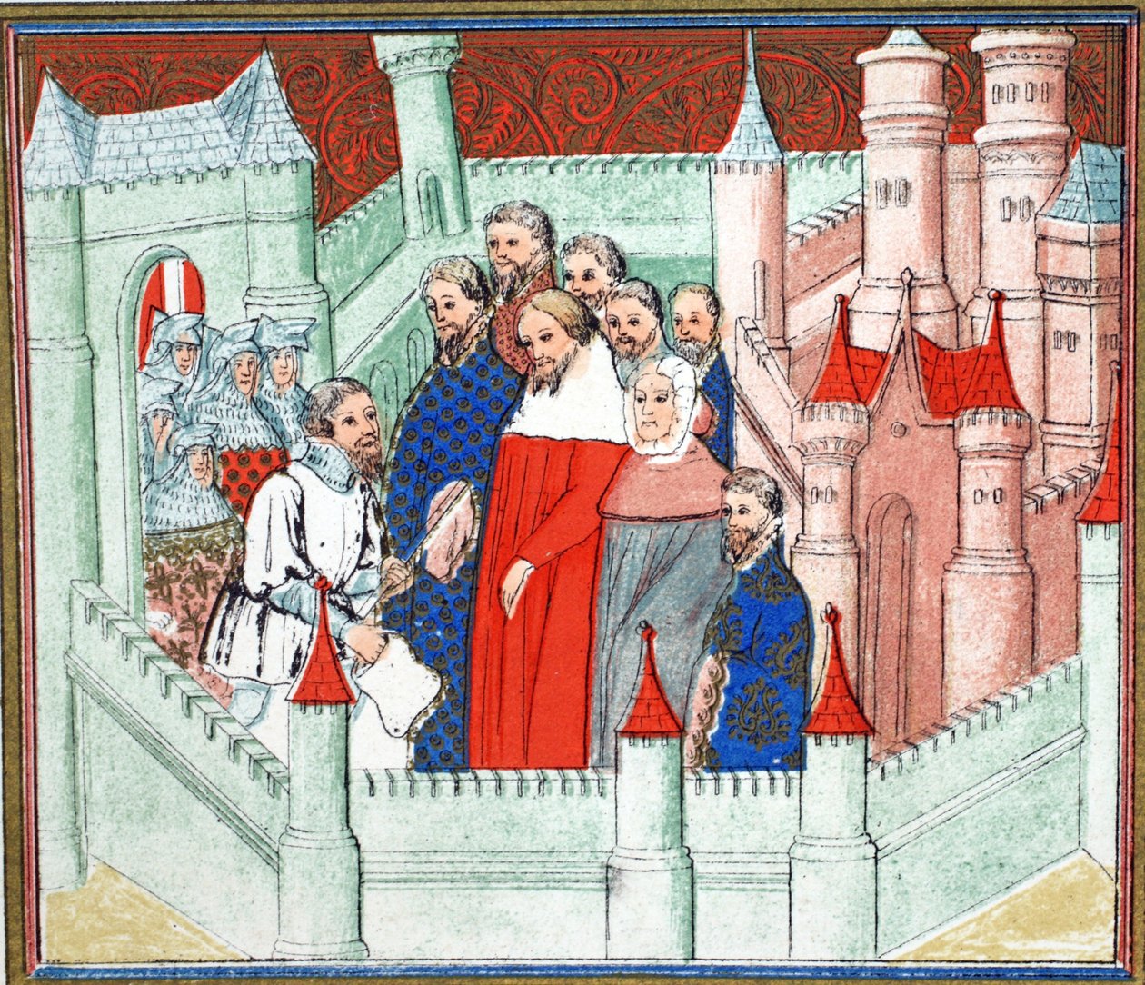Richard II på Flint Castle hvor han ble levert fange til Bolingbroke, hans rival til tronen, faksimilekopi fra Le Prinse et Mort du Roy Richart av Jean Creton, gjengitt 1800-tallet (farge) av French School