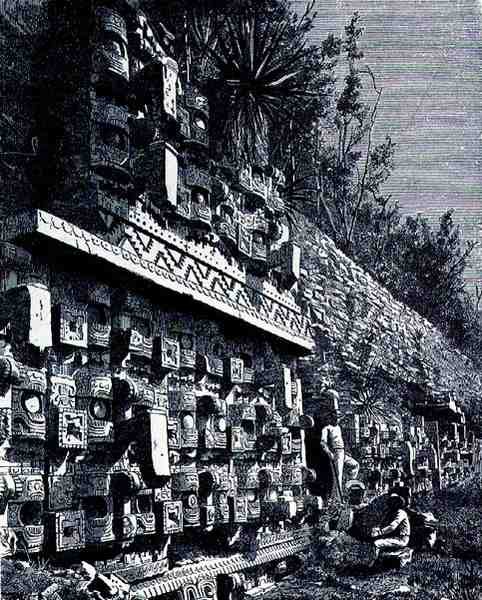Ruinene av First Palace of Kaaba, fra The Ancient Cities of the New World, av Claude-Joseph-Desire Charnay, pub. 1887 av French School