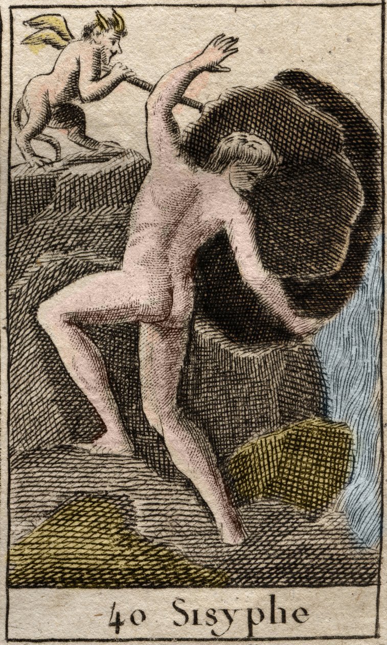 Sisyphus, illustrasjon fra Mythology of Youth, 1803 av French School