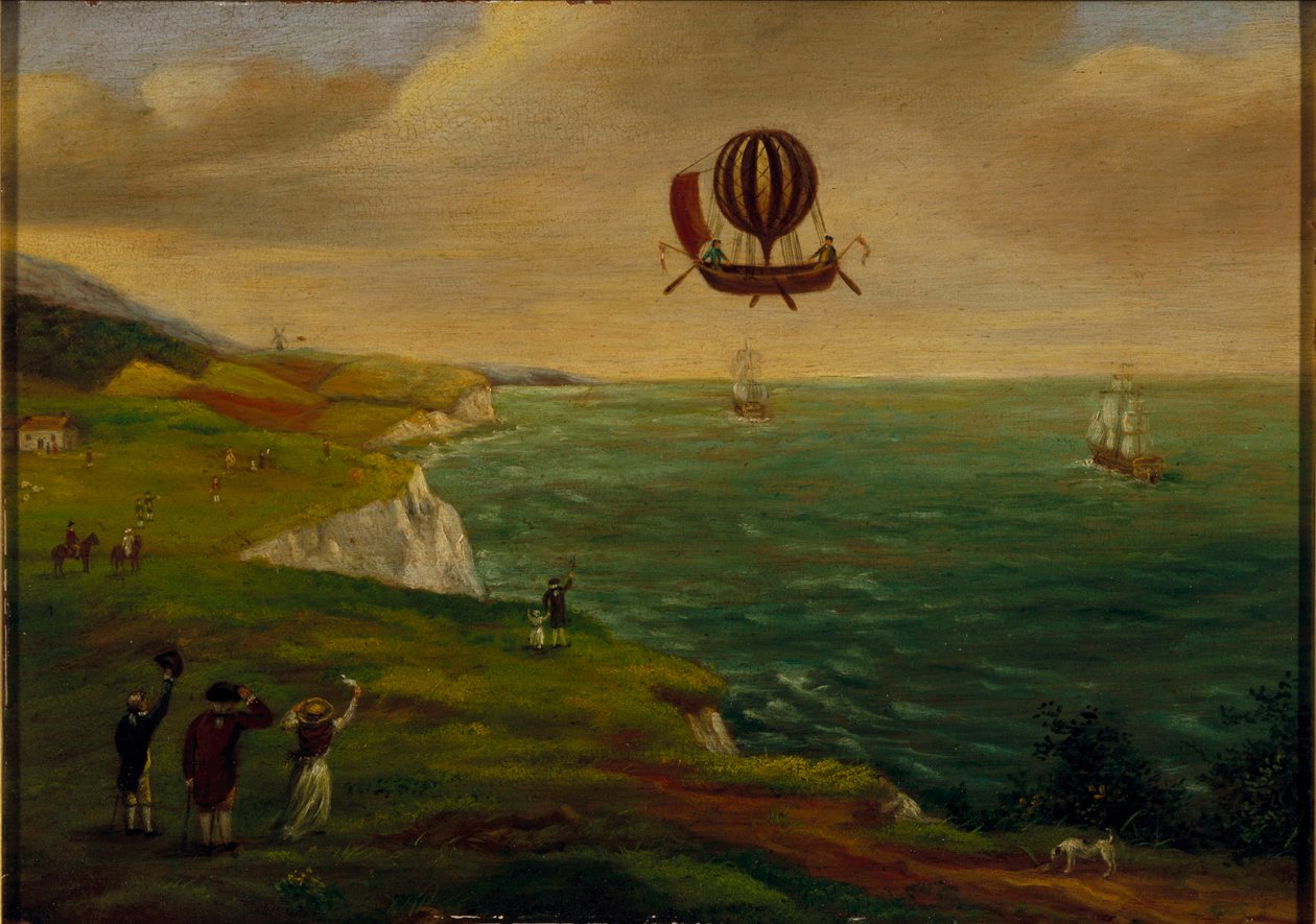 Den første ballongkryssingen av Den engelske kanal, 7. januar 1785, ca. 1785 av French School