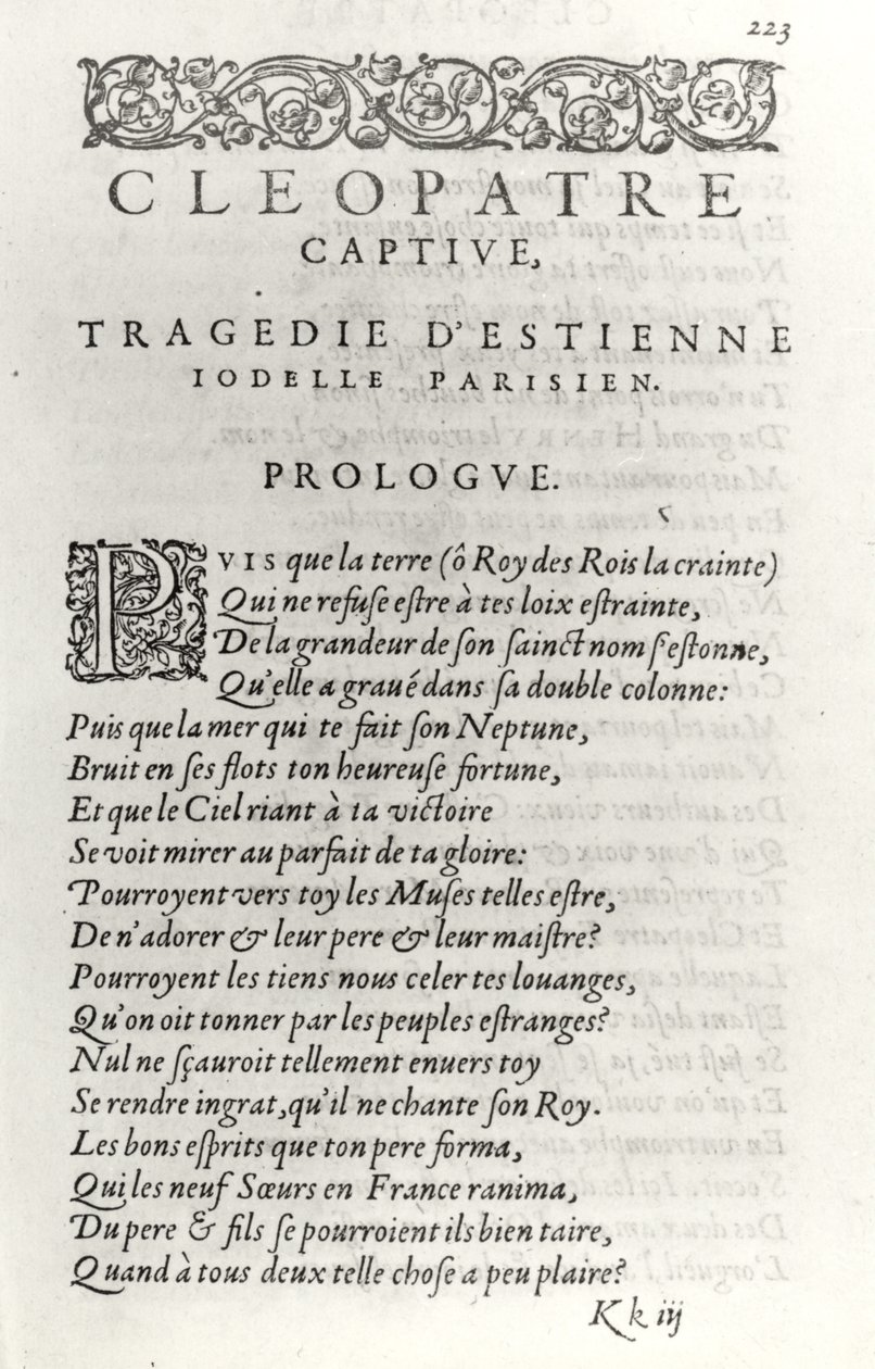 Tittelsiden til Cleopatre Captive, av Etienne Jodelle (1532-73) 1574 av French School