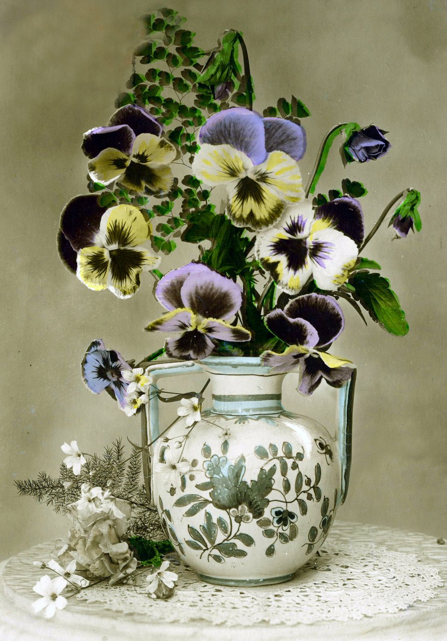 Vase med stemorsblomster ca. 1898 (håndfarget bilde) av French School