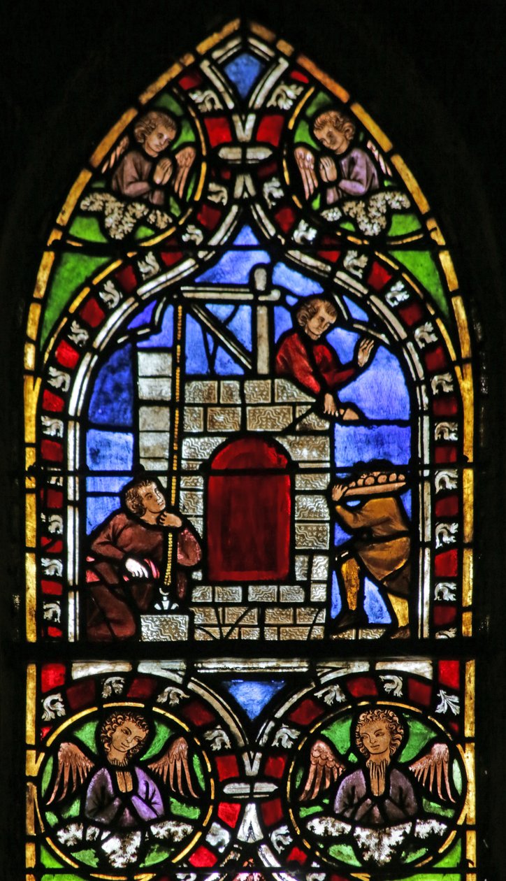 Vindu som viser bygningen av Babels tårn, ca. 1325 av French School