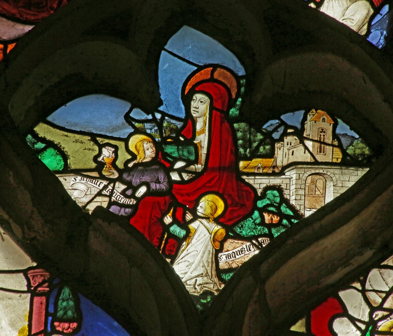 Vindu som viser Mary Salome og hennes to barn: Saint John og Saint James av French School