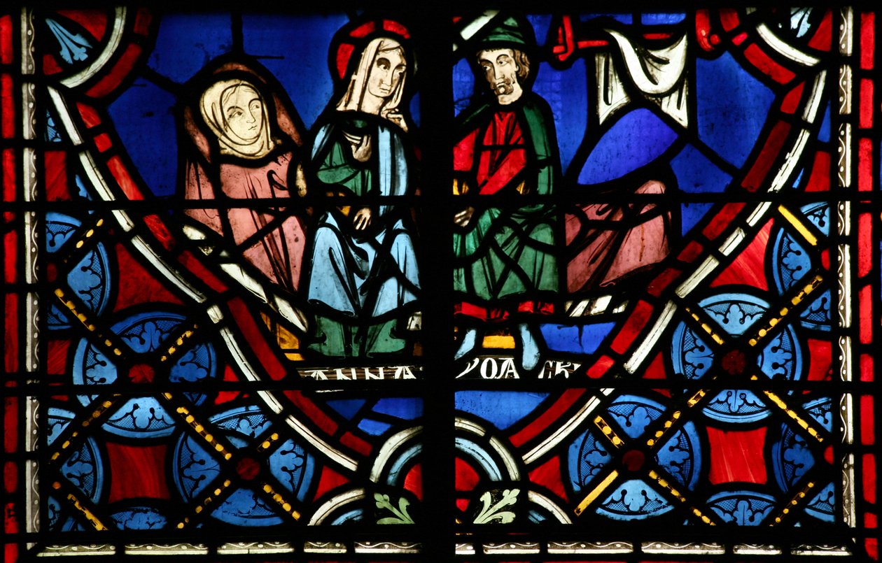 Vindu som viser Saint Anne og Joachim som venter på Jomfru Marias fødsel av French School