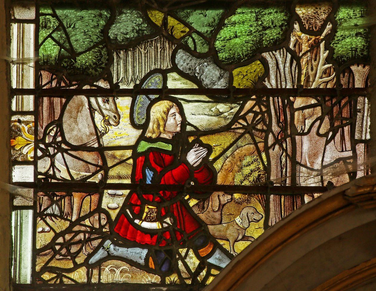 Vindu som viser Saint Eustache som har en visjon om Kristus mellom hjortens gevir av French School