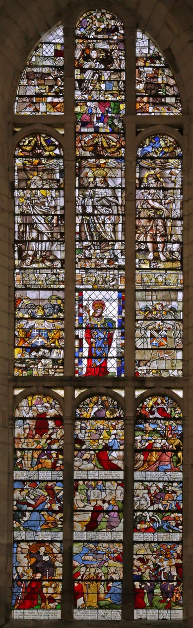 Vindu som viser Saint Louis i sentrum (1505), åpenbaringen (1611) og andre skikkelser (1654), 1500-1600-tallet av French School