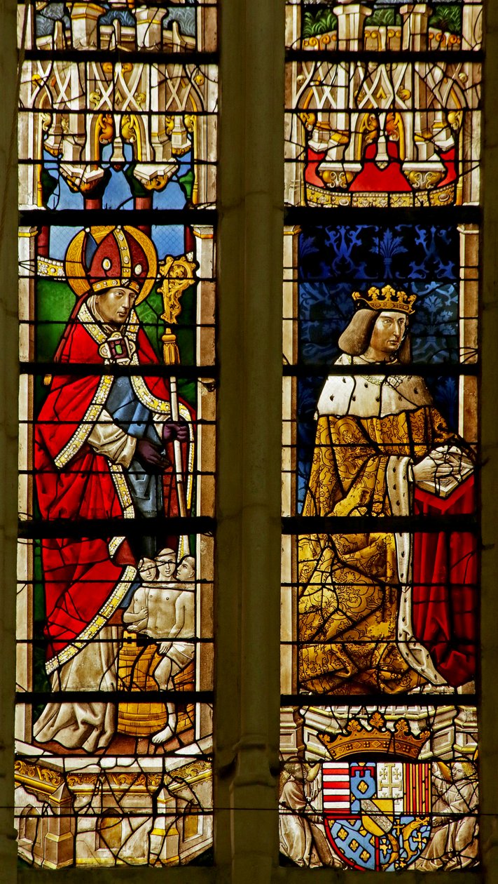 Vindu som viser Saint Nicholas og donor René II av French School