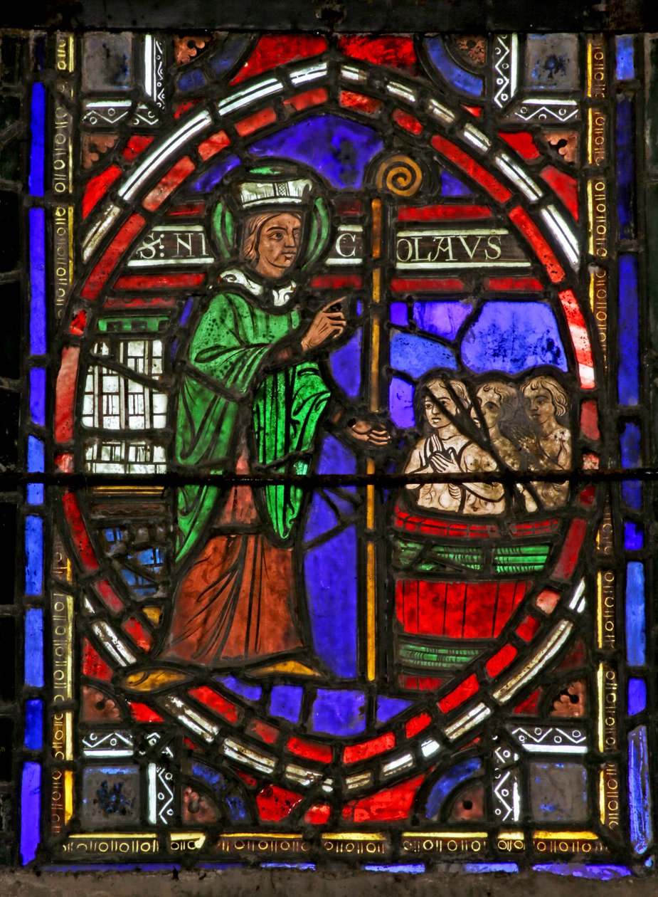 Vindu som viser Saint Nicholas og de tre guttene i et badekar av French School