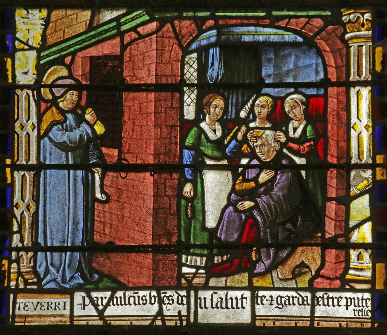 Vindu som viser Saint Nicholas som legger igjen penger til faren til tre jenter av French School