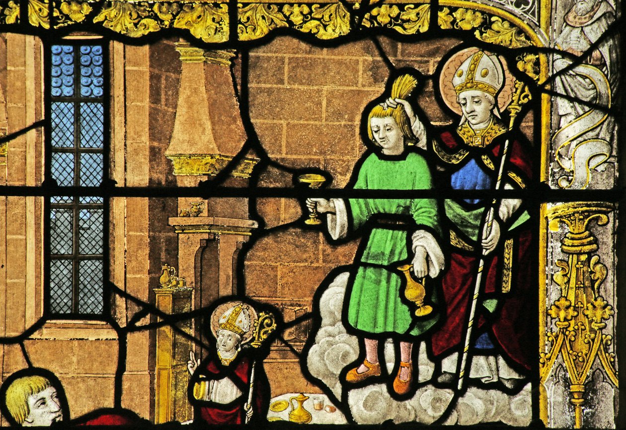 Vindu som viser Saint Nicholas: the Miracle of the Golden Cupn av French School