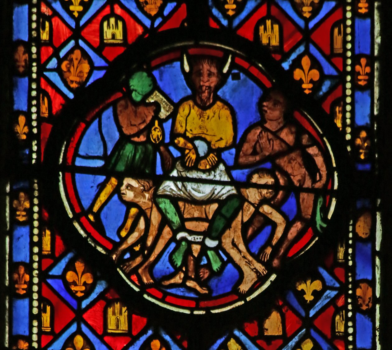 Vindu som viser Satan i retten hans av French School