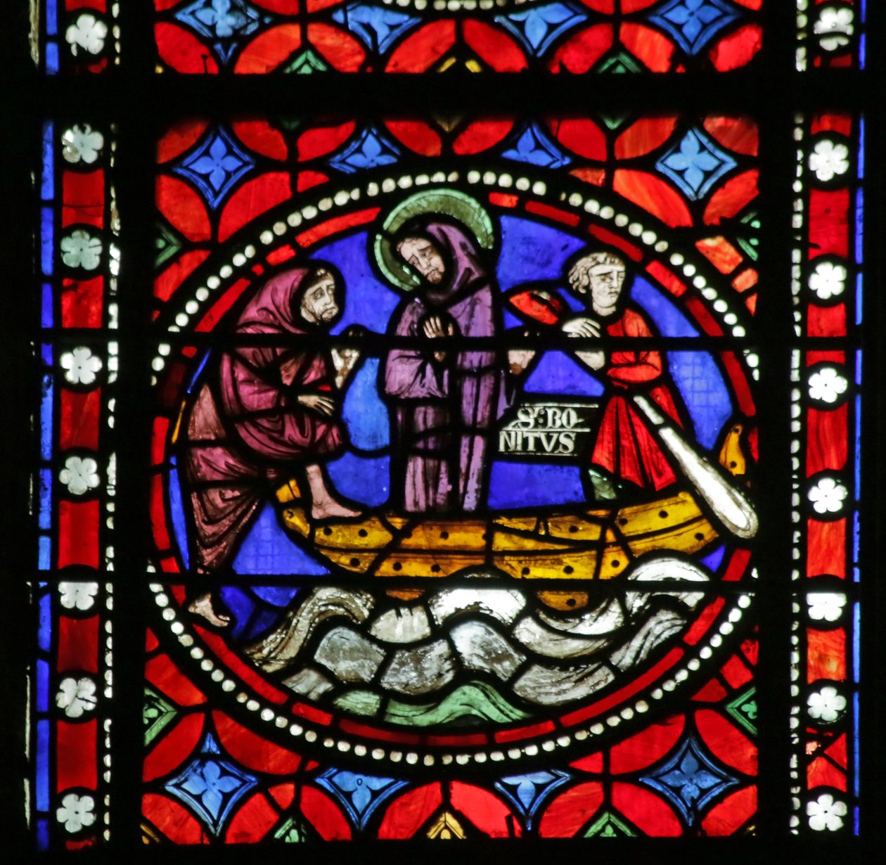 Vindu som viser scene fra livet til Saint Bonnet: Saint on his Journey to Roma and Adventures venter på at hans følgesvenn skal bli med ham av French School