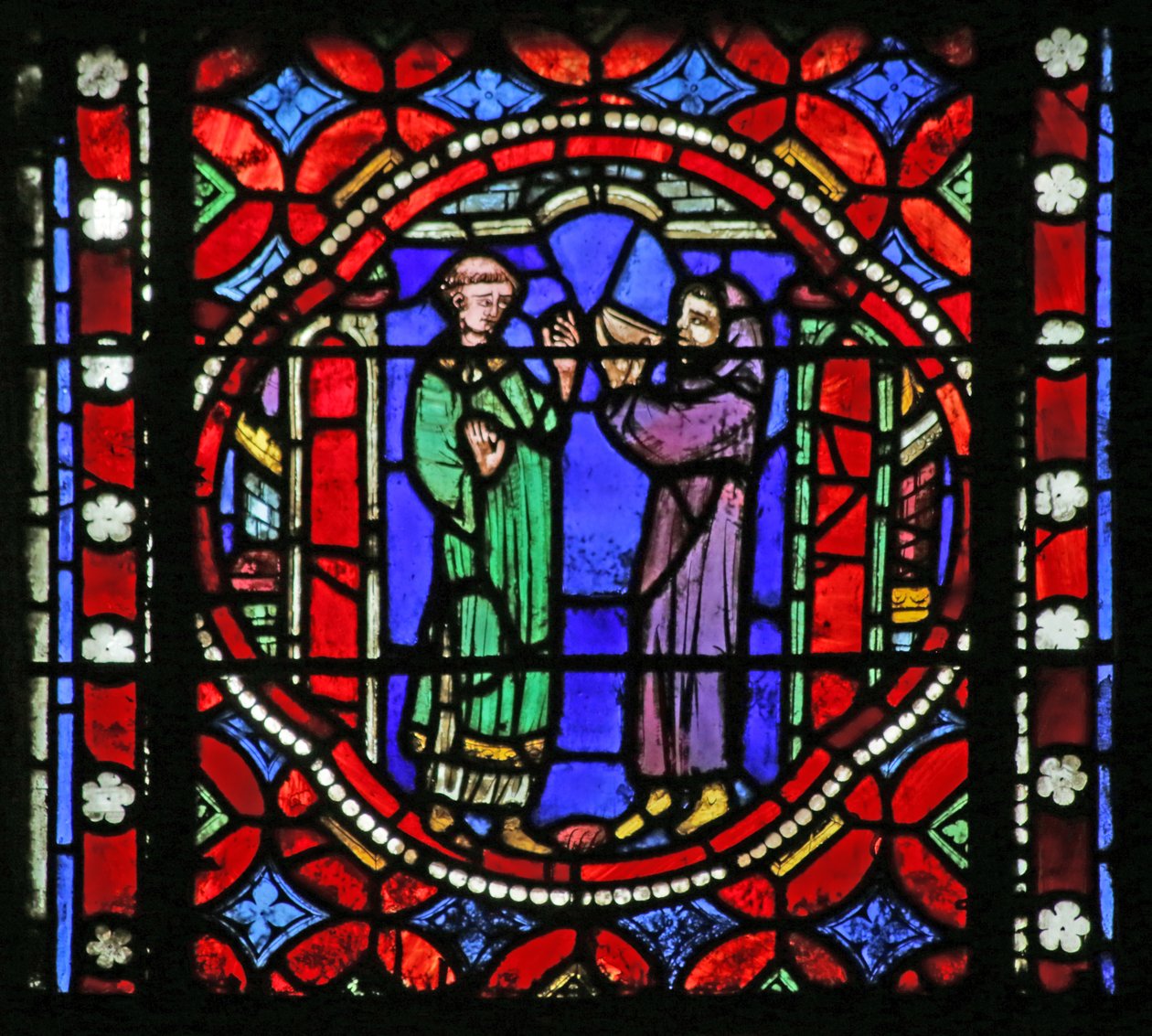 Vindu som viser scene fra livet til Saint Bonnet: Saint on the Journey to Roma mottar forfriskninger fra klosterets abbed på Isle Barbe av French School