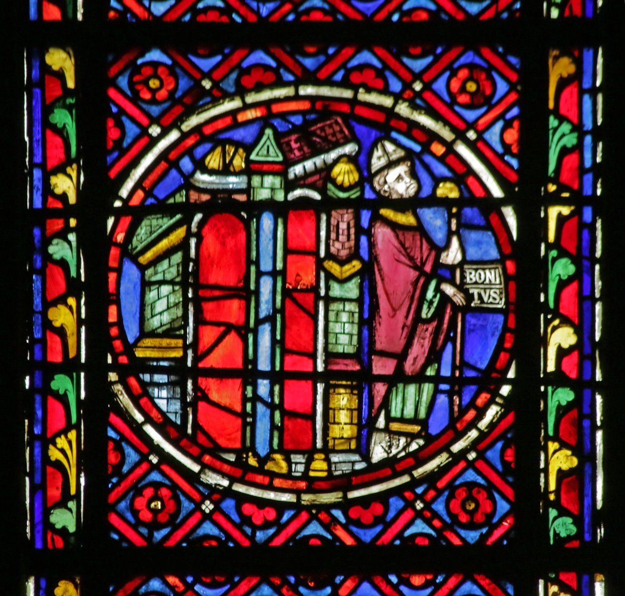 Vindu som viser scene fra livet til Saint Bonnet: Saint Bonnet forlater Clermont Ferrand av French School