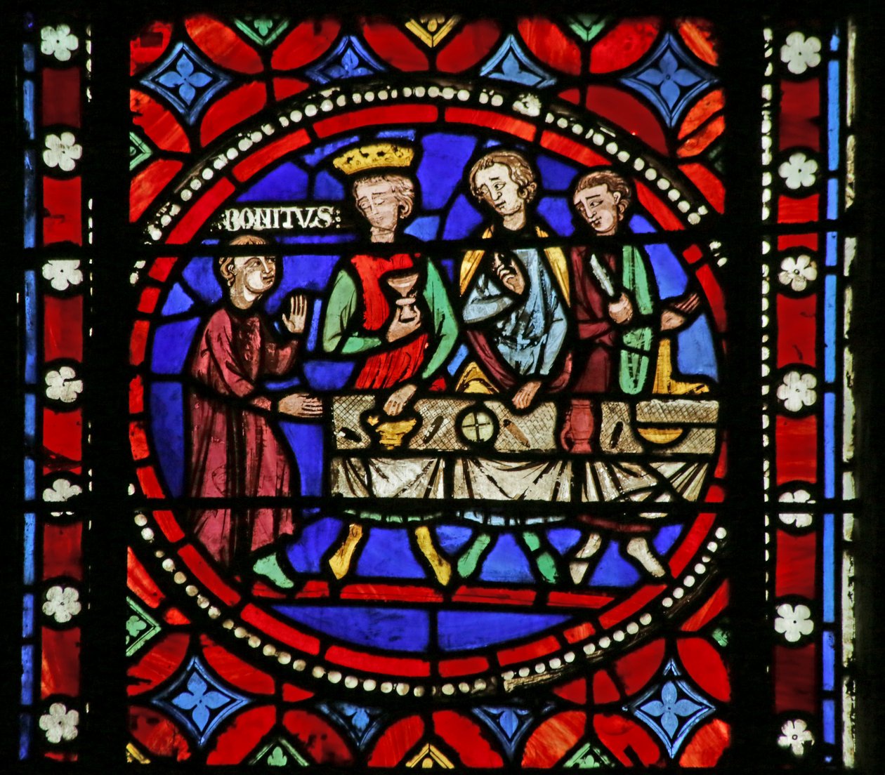 Vindu som viser scene fra livet til Saint Bonnet: Saint Bonnet skal jobbe for kong Sigebert II av AuSaintrasie av French School
