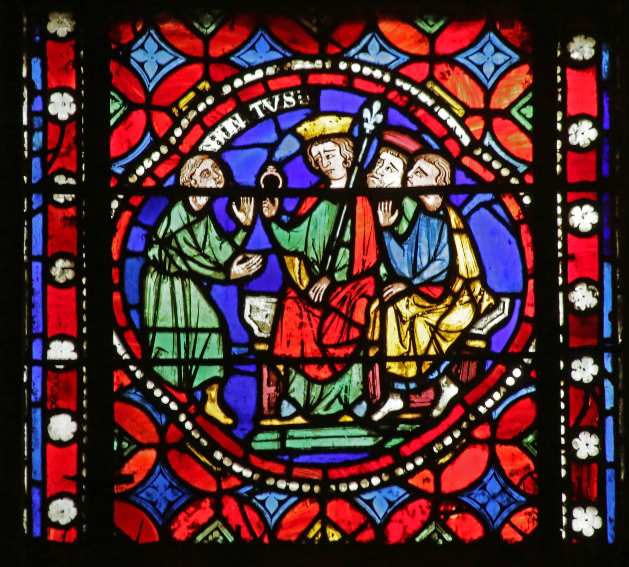 Vindu som viser scene fra livet til Saint Bonnet: Saint Bonnet betrodd et privat oppdrag av Sigebert av French School