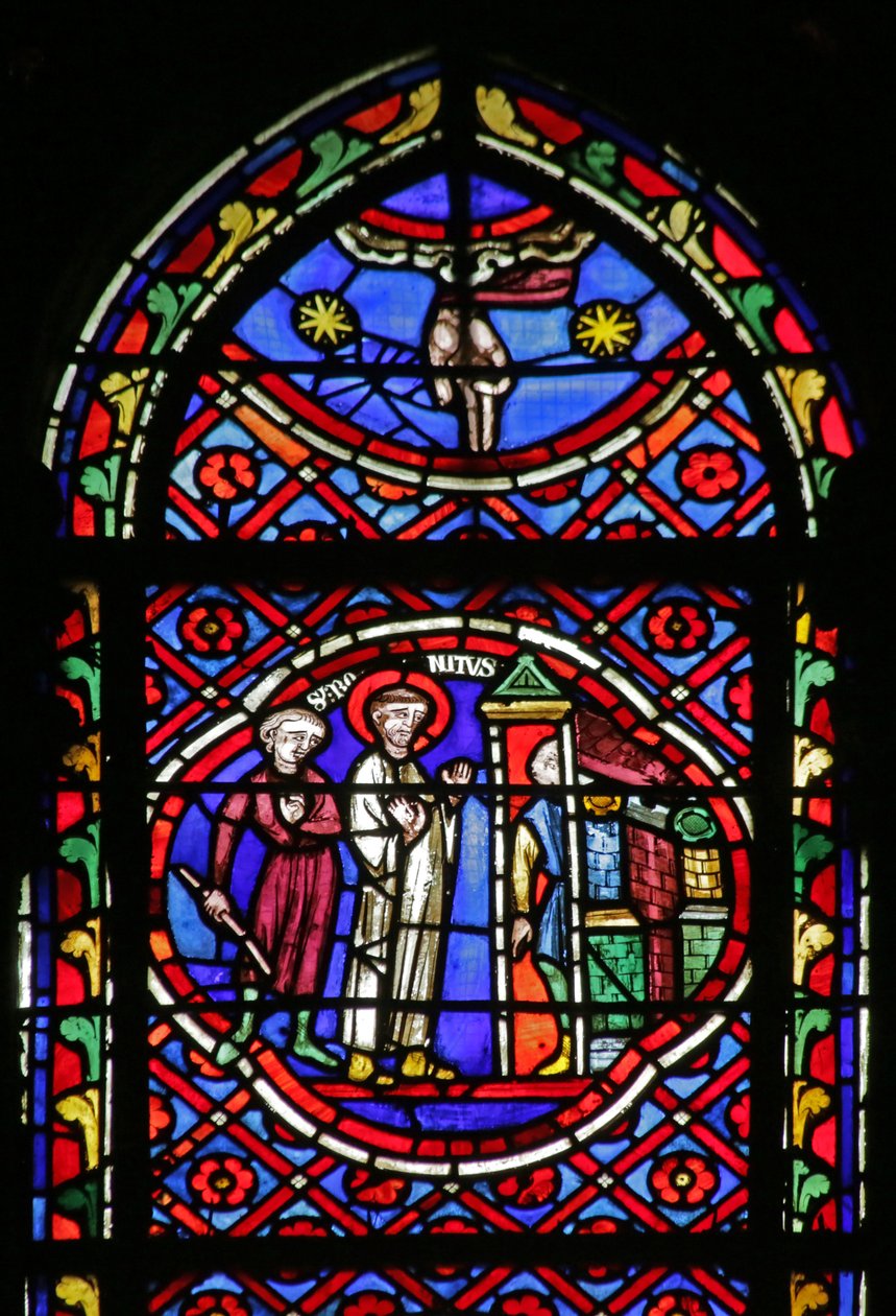 Vindu som viser scene fra Saint Bonnets liv: Sainy forlater varene sine ved døren og mottar munkenes vane fra abbeden av French School