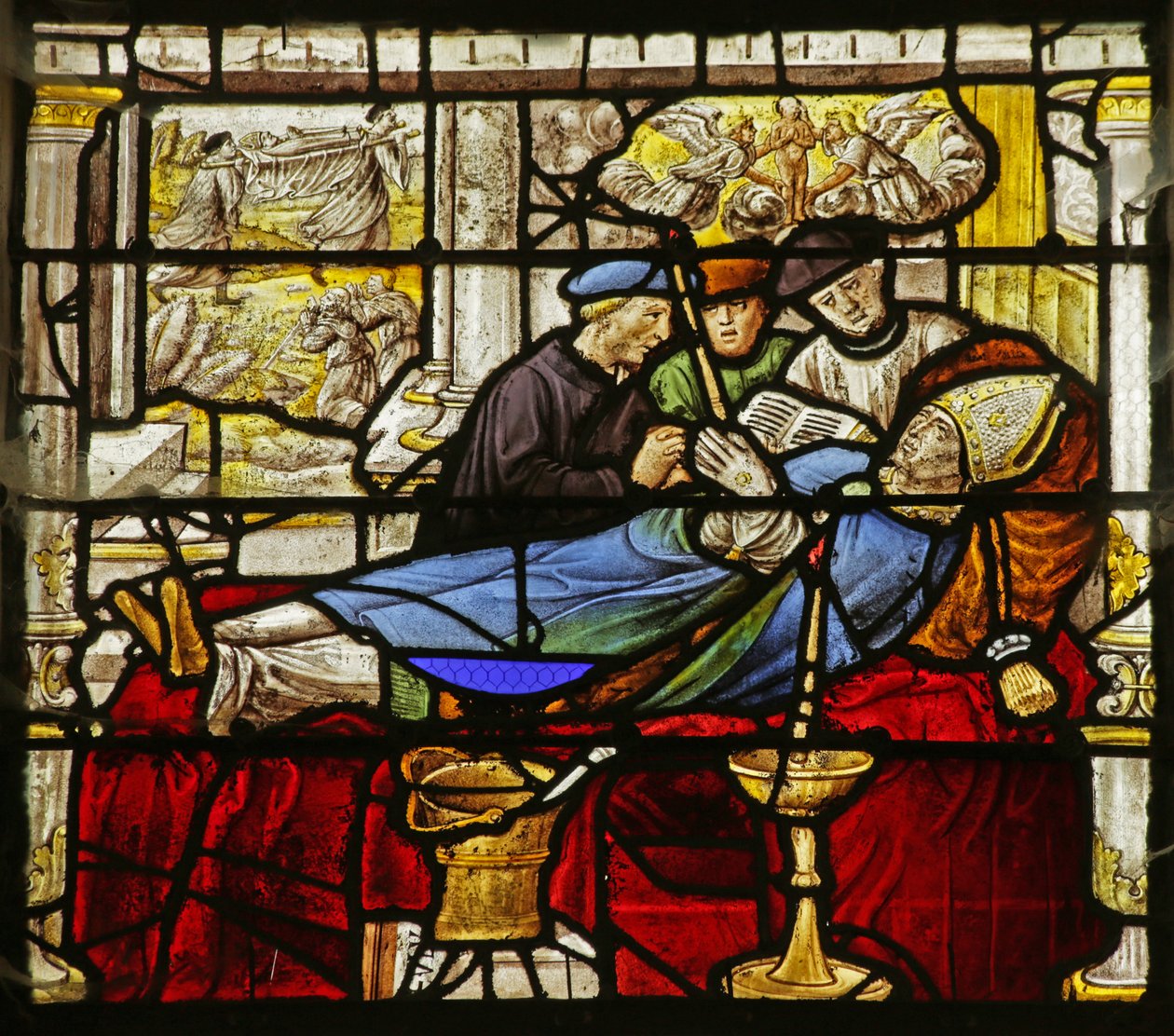Vindu som viser scene fra livet til Saint Claude: Death of the Saint the Transfer of his relics av French School