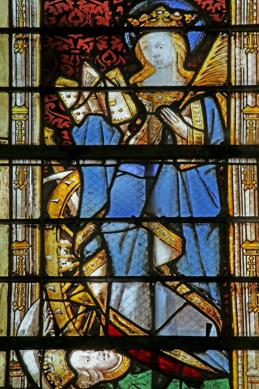 Vindu som viser St. Katarina med hjul og tråkk på keiseren, 1470-1500 av French School