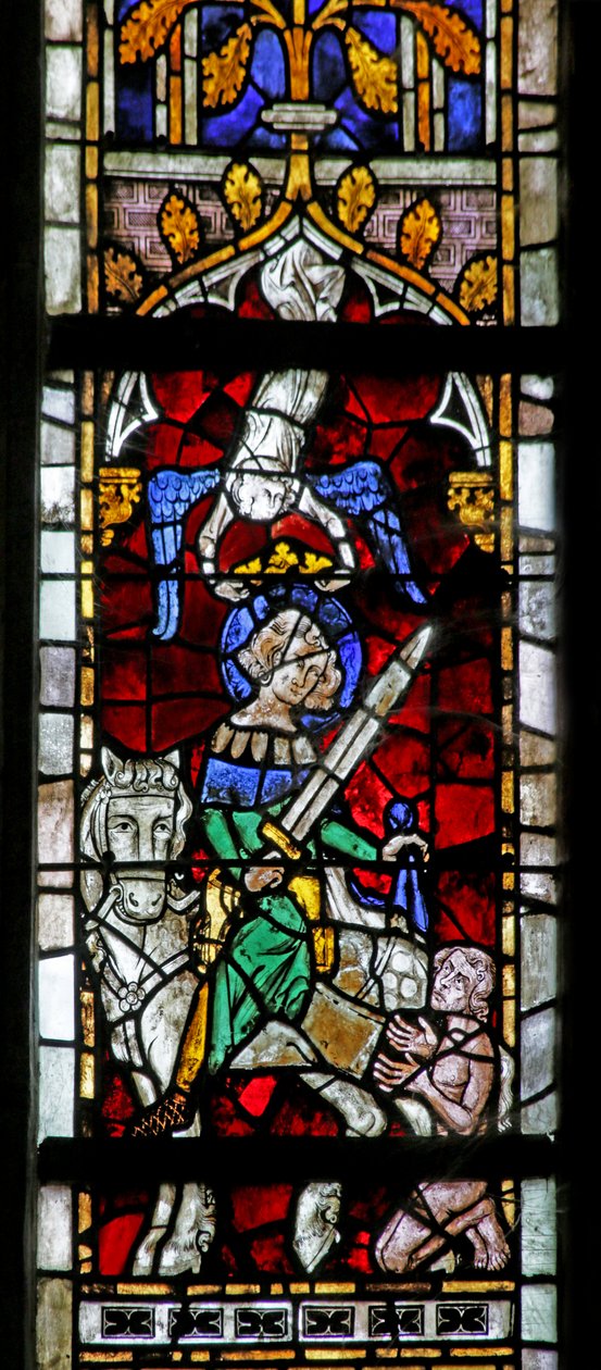 Vindu som viser St. Martin som deler kappen sin med en tigger, ca. 1320 av French School