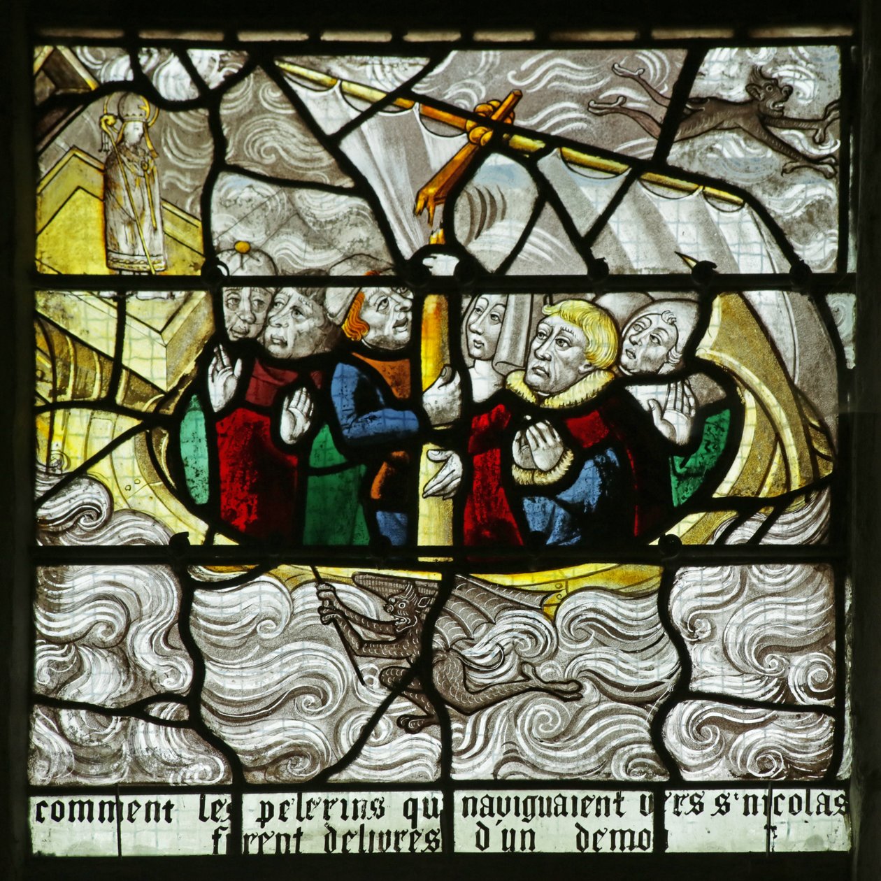 Vindu som viser St. Nicholas som dukker opp og reddet reisende mens skipet deres synker, 1460-1470 av French School