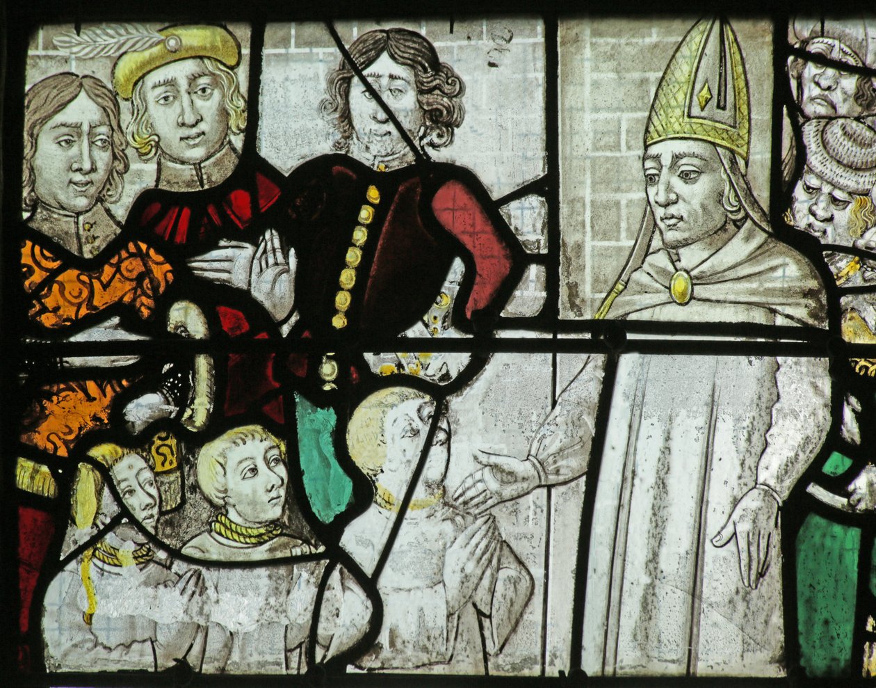 Vindu som viser St Nicholas som redder tre gutter av French School