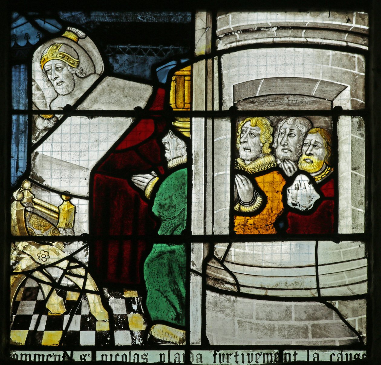 Vindu som viser St. Nicholas som redder tre urettmessig anklagede fanger av French School