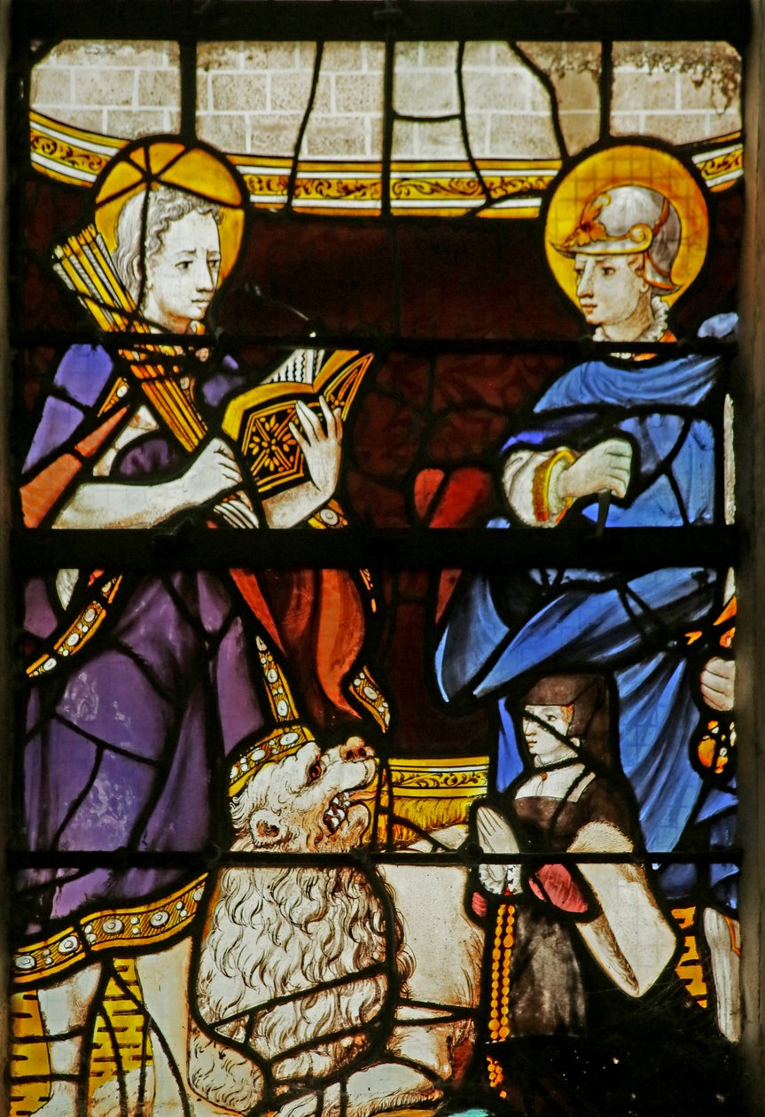 Vindu som viser St. Sebastian og St. Adrian og en giver av French School