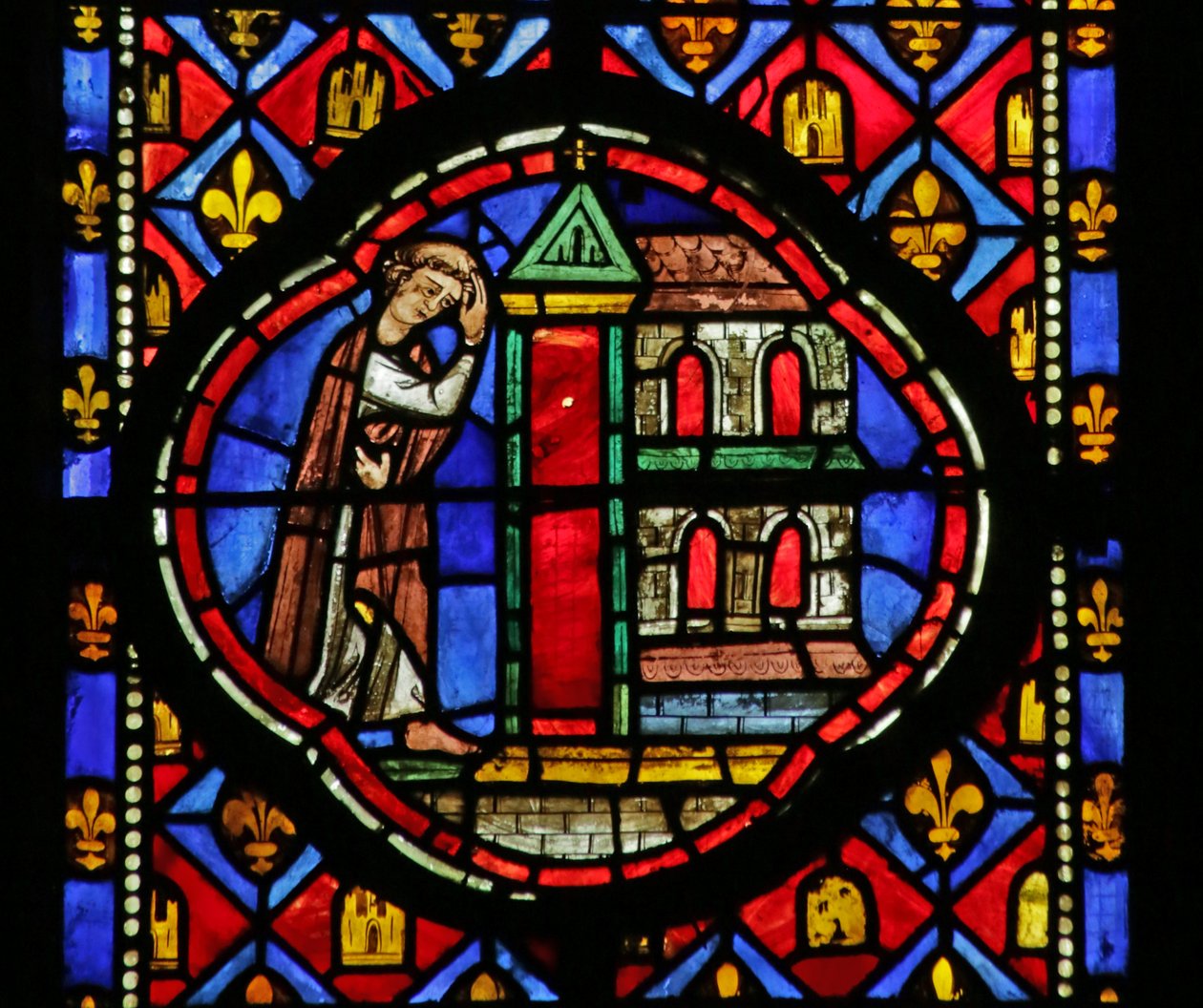 Vindu som viser Theophilus som bygger en kirke av French School