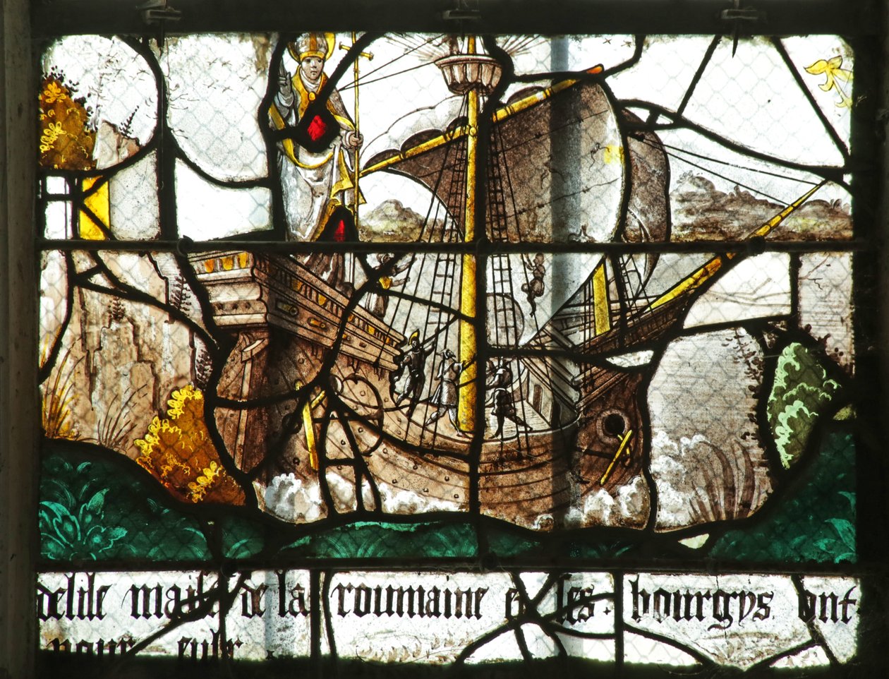 Vindu som viser en båt med statuen av Saint Clement, 1500-1600-tallet av French School
