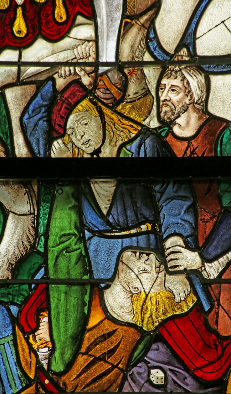 Vindu som viser loddkasting om Kristi klær ved korsfestelsen, detalj av 2921604, 1500-10 av French School