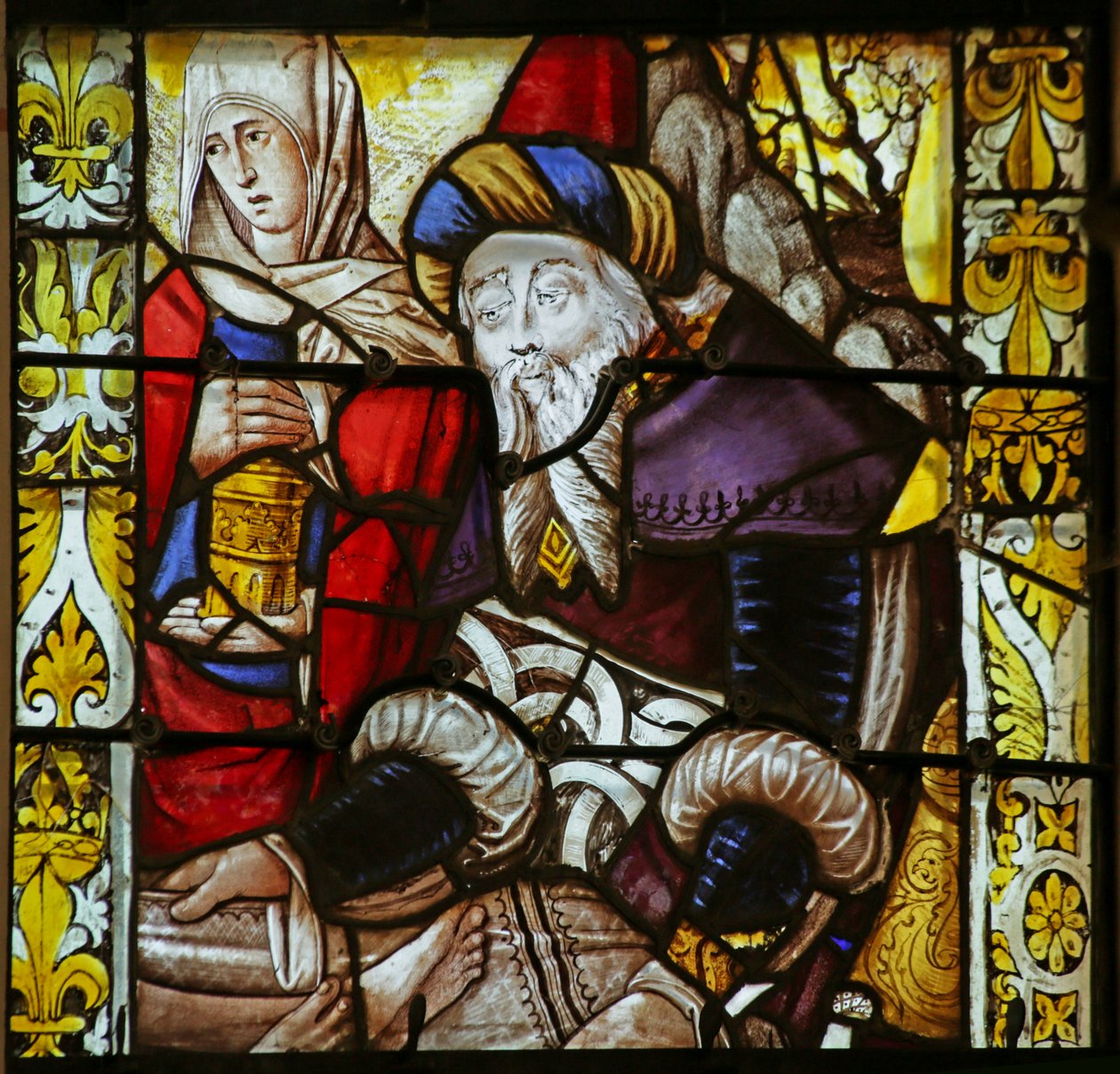 Vindu som viser ufullstendig scene med Saint Mary Magdalene og en Josef fra Arimathea av French School