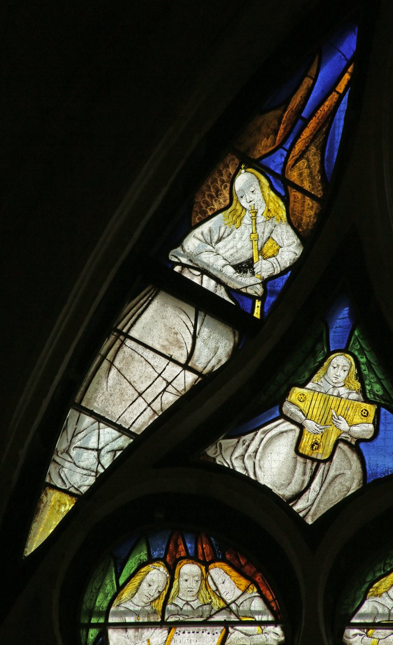 Vindu som viser musikalske engler, 1500-10 av French School