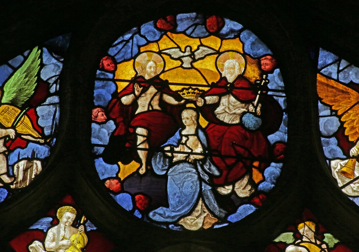 Vindu som viser Jomfruens kroning ved treenigheten, ca. 1495 av French School
