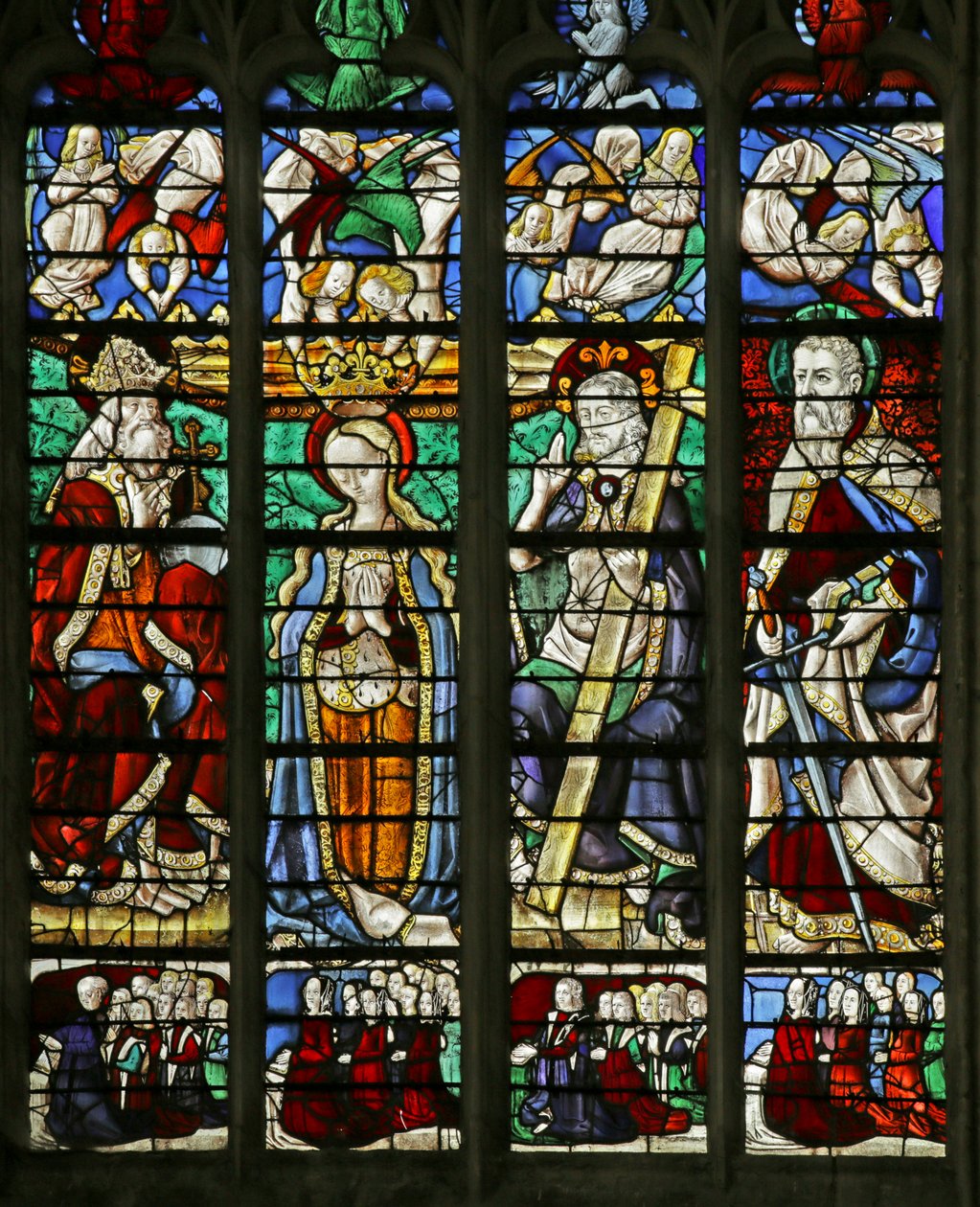 Vindu som viser Jomfruens kroning med St Paul og donorfamiliene, 1460-70 av French School