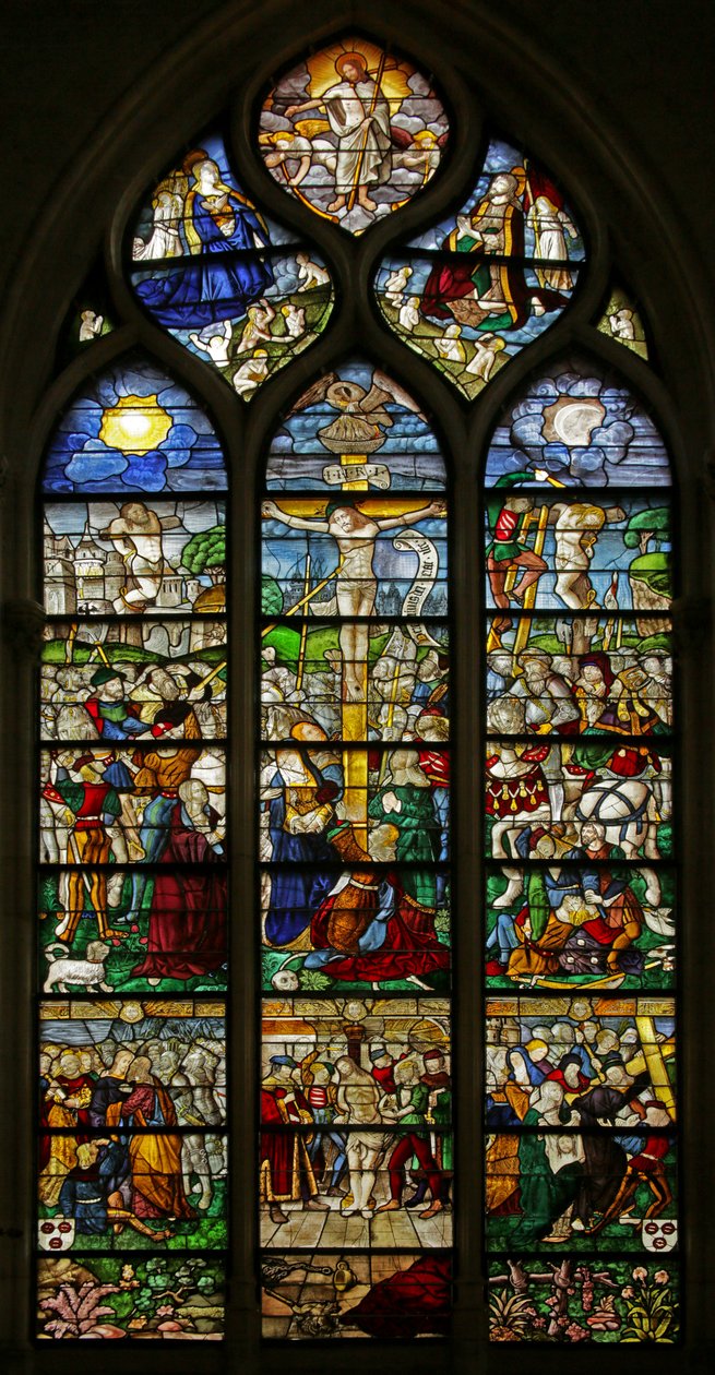 Vindu som viser korsfestelsen og pasjonsscenene, ca. 1550-10 av French School