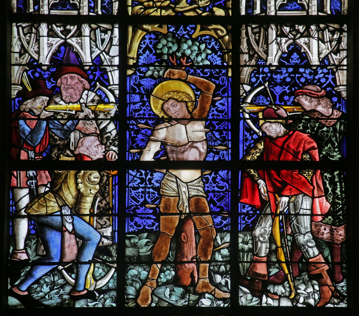 Vindu som viser Martyrdommen til Saint Sebastian av French School