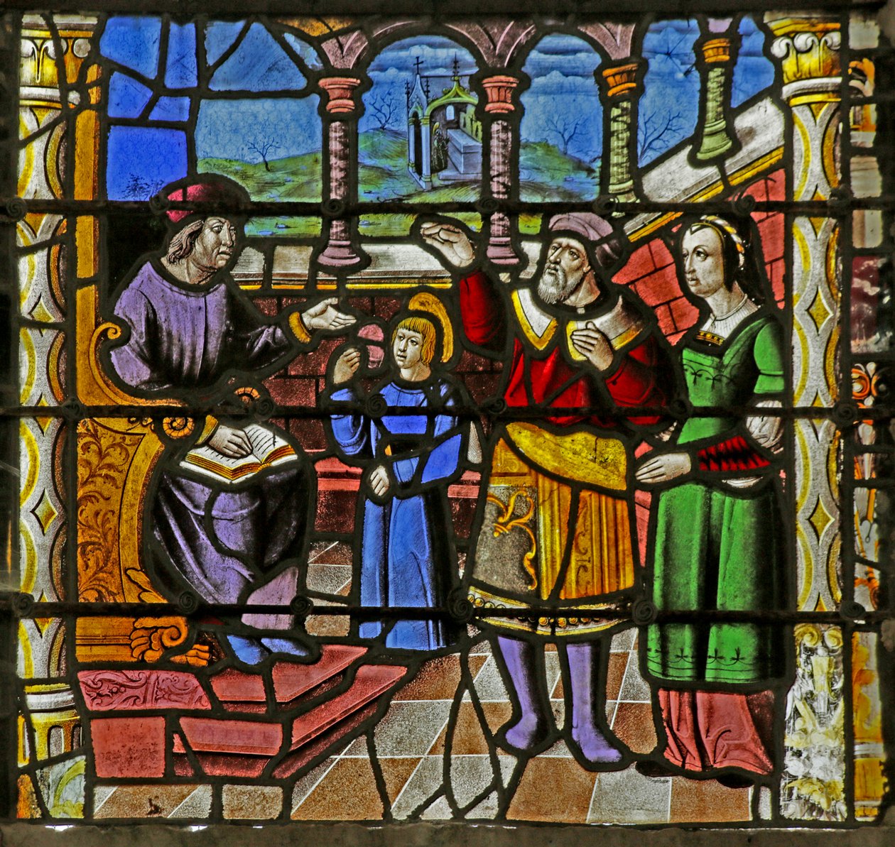 Vindu som viser foreldrene til Saint Nicholas som leverer den hellige til en lærer av French School
