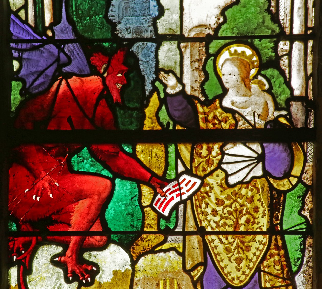 Vindu som viser at Jomfru Maria får tilbake Theophilus-pakten fra djevelen av French School