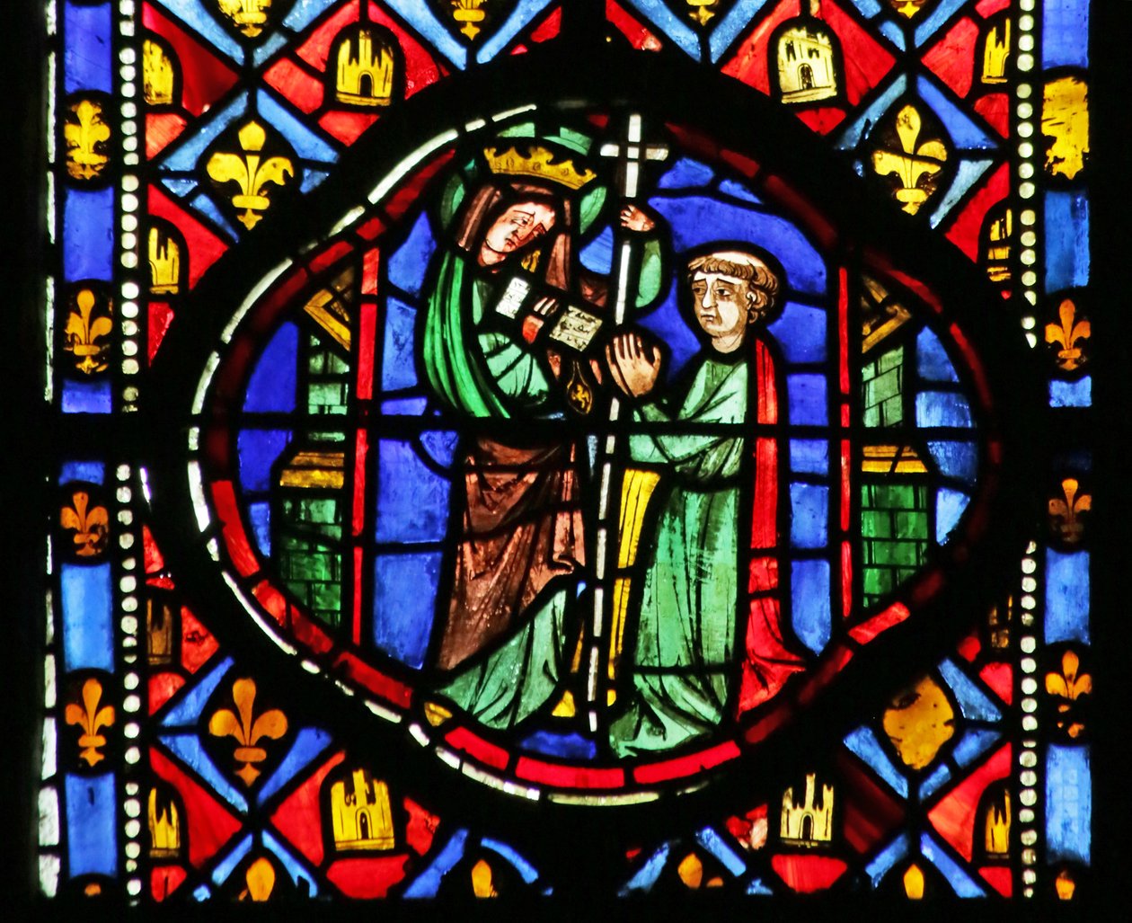 Vindu som viser jomfruen som returnerer Theophilus gjerningen av French School