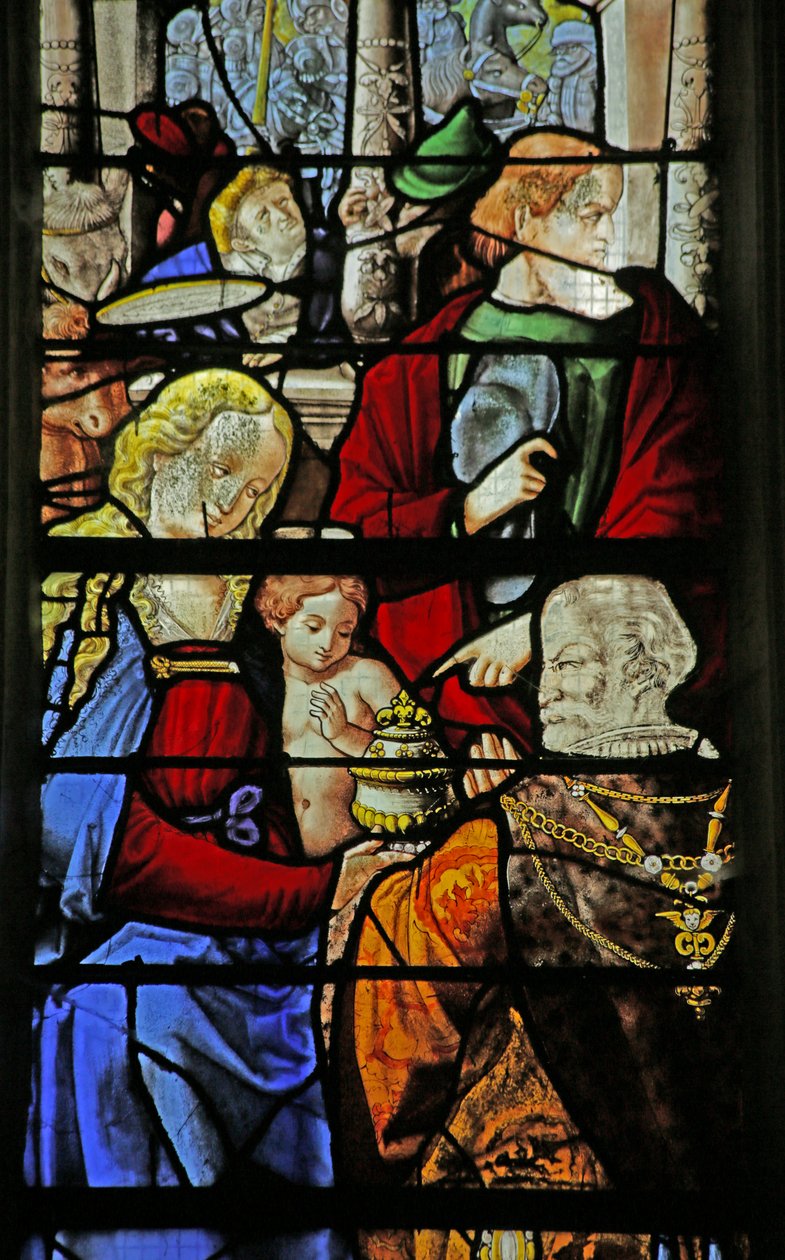 Vindu som viser tilbedelsen av magiene med St Joseph, 1530 av French School