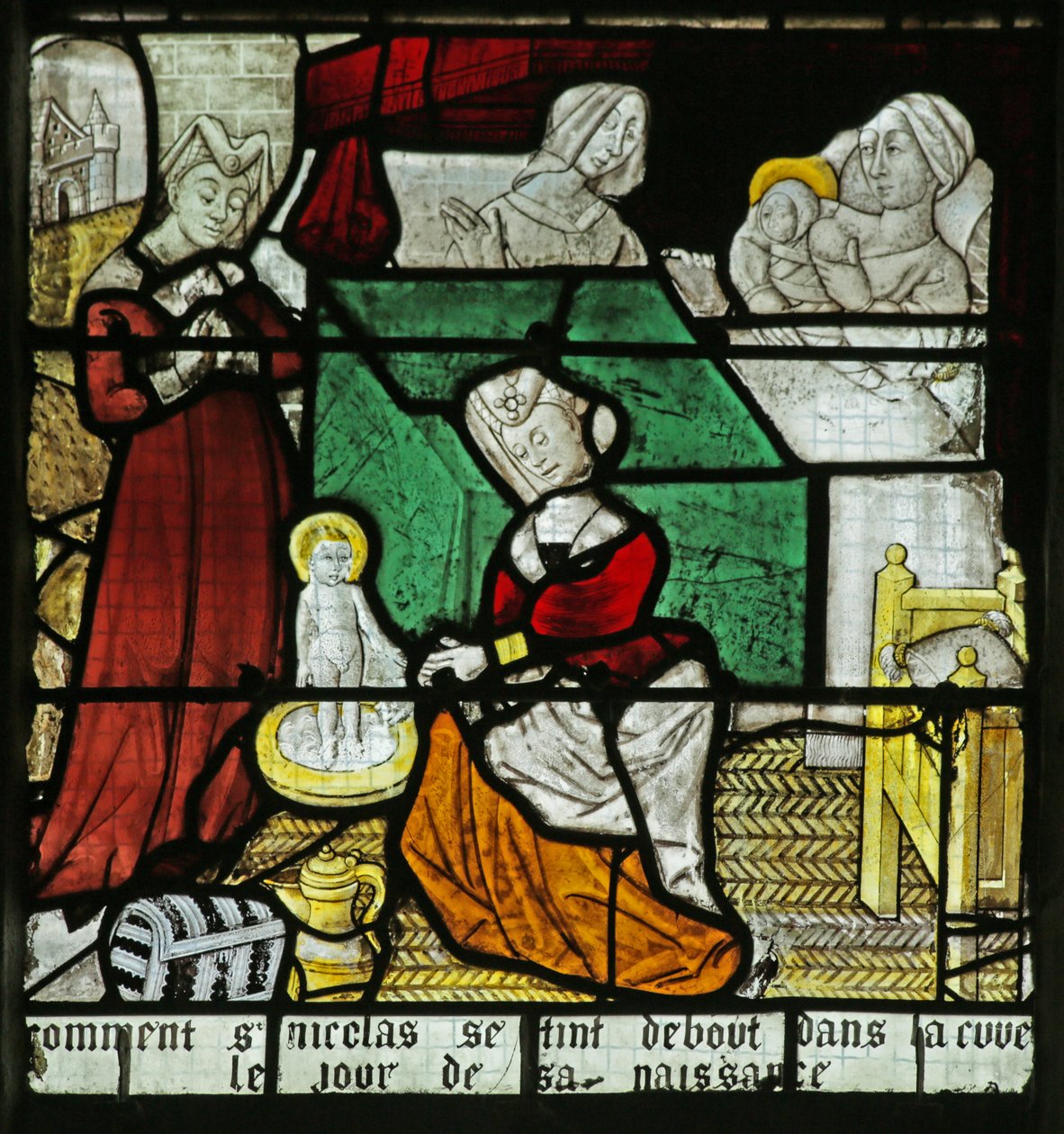 Vindu som viser fødselen til St Nicholas, 1460-70 av French School