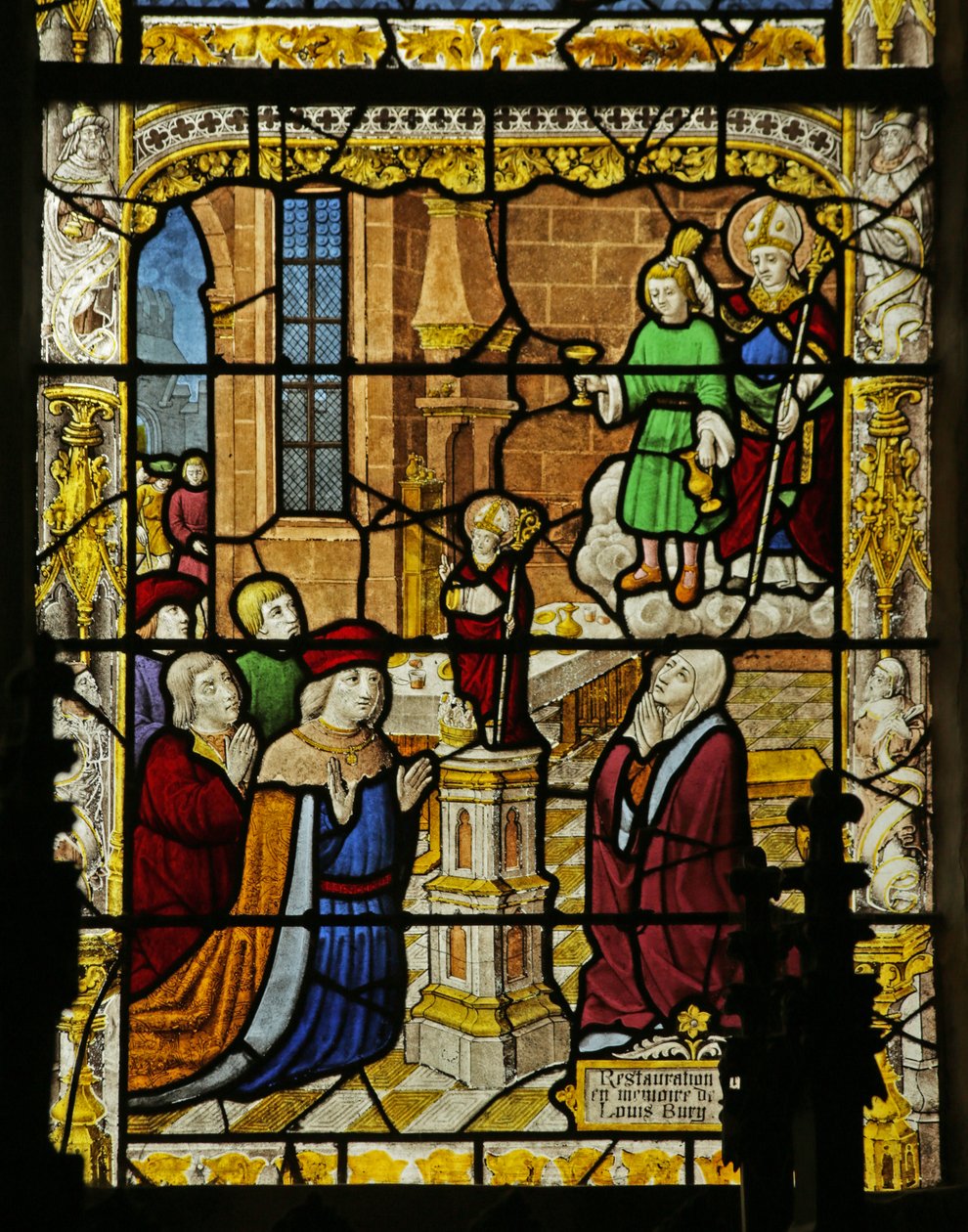 Vindu som viser gutten med den gyldne koppen og statuen av St. Nicholas, ca. 1495 av French School