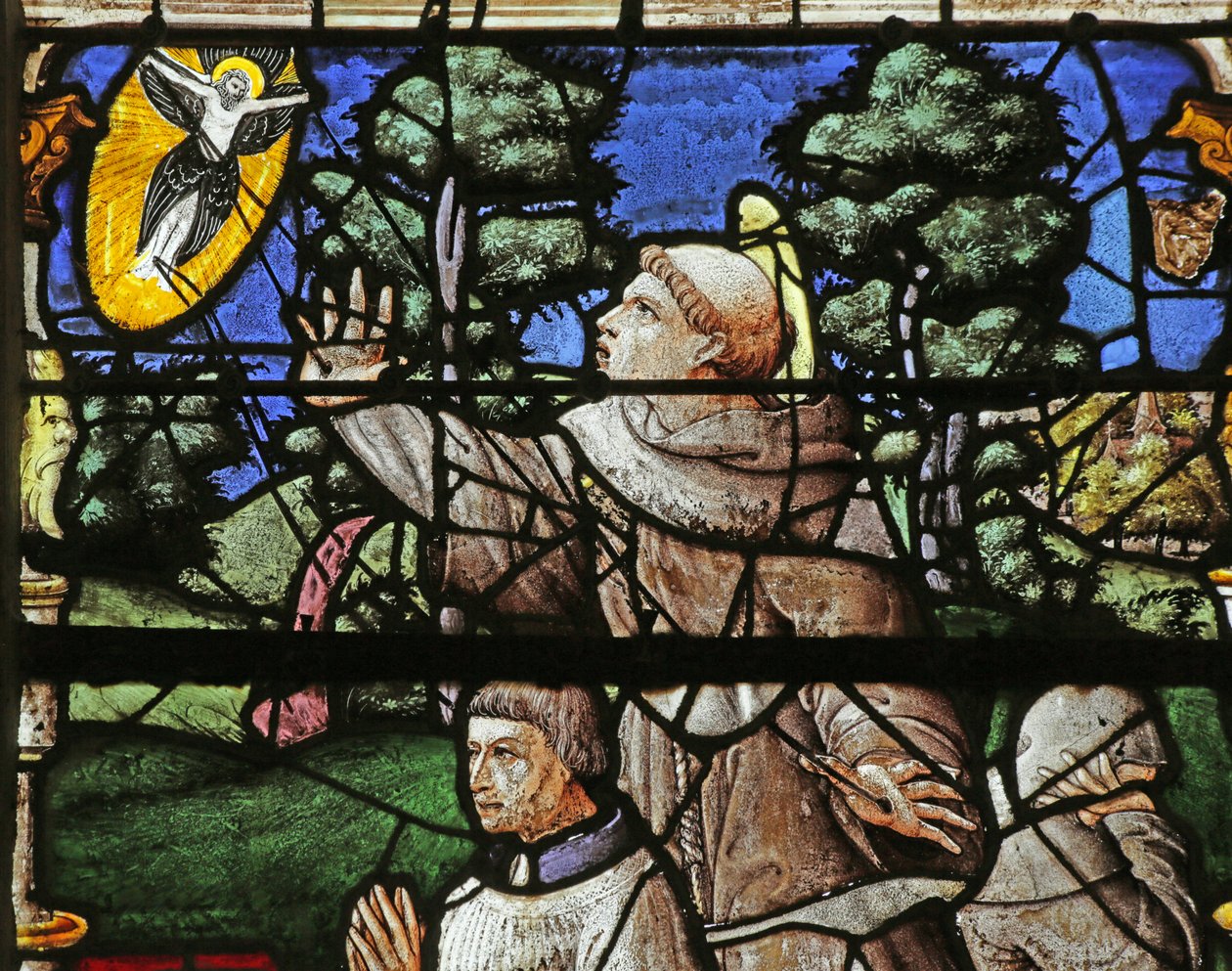 Vindu som viser giveren med Saint Francis som mottar Saintigmata av French School