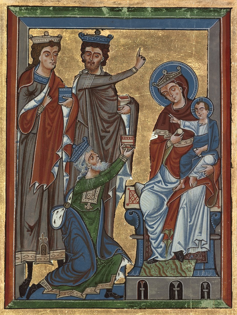 Adoration of the Magi fra Psalter Ms 4, c.1240 (tempera, bladgull og blekk på pergament) av German School