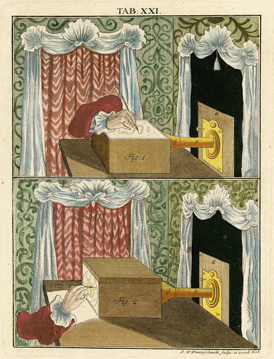 Tegne et forstørret bilde ved hjelp av et optisk mikroskop, 1768 av German School